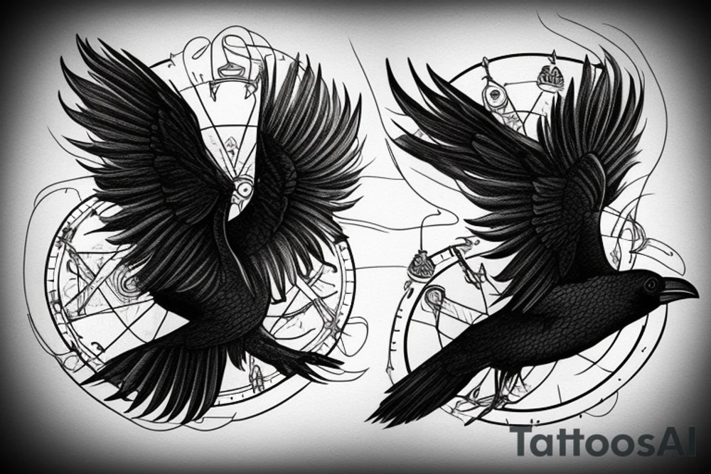 Black nordic style raven flying with a pocket watch in its beak, and mystic type smoke coming from the wings. tattoo idea