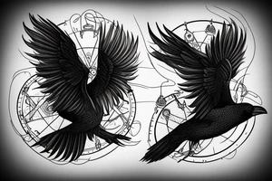 Black nordic style raven flying with a pocket watch in its beak, and mystic type smoke coming from the wings. tattoo idea