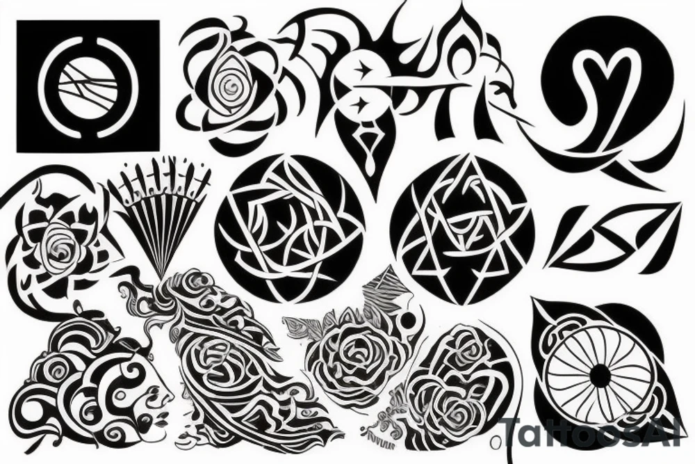 One big tatto that in one image represents motherhood, travel, the four elements (wind, water, fire, earth), freedom. Make it softer and more feminine. tattoo idea