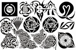 One big tatto that in one image represents motherhood, travel, the four elements (wind, water, fire, earth), freedom. Make it softer and more feminine. tattoo idea