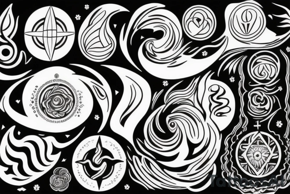 One big tatto that in one image represents motherhood, travel, the four elements (wind, water, fire, earth), freedom. Make it softer and more feminine. tattoo idea