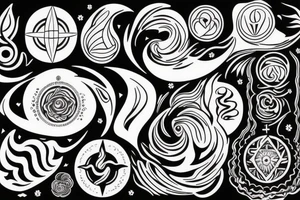 One big tatto that in one image represents motherhood, travel, the four elements (wind, water, fire, earth), freedom. Make it softer and more feminine. tattoo idea