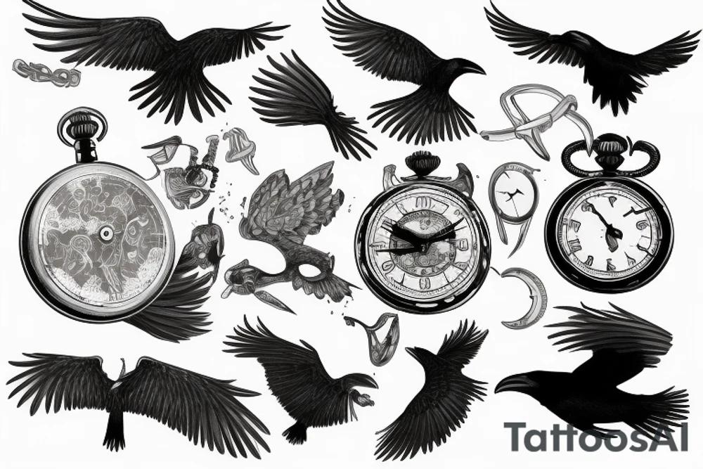 Black nordic style raven flying with a pocket watch in its beak tattoo idea