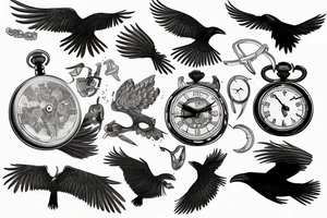 Black nordic style raven flying with a pocket watch in its beak tattoo idea