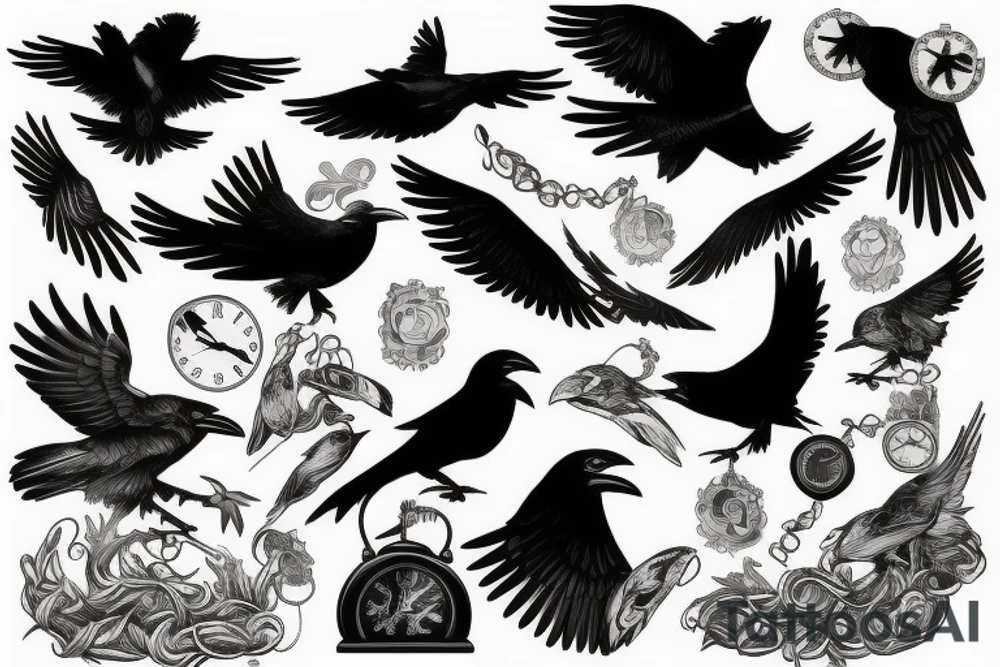 Black nordic style raven flying with a pocket watch in its beak tattoo idea