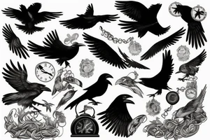 Black nordic style raven flying with a pocket watch in its beak tattoo idea