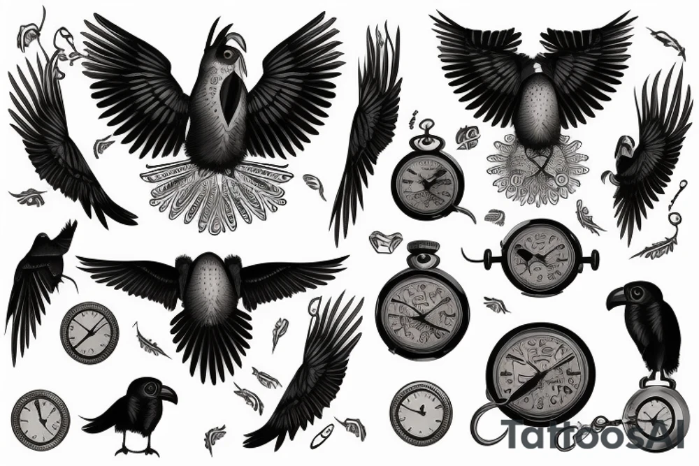 Nordic style crow flying with a pocket watch in its beak, and black smoke coming from the wings. tattoo idea