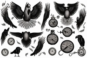 Nordic style crow flying with a pocket watch in its beak, and black smoke coming from the wings. tattoo idea