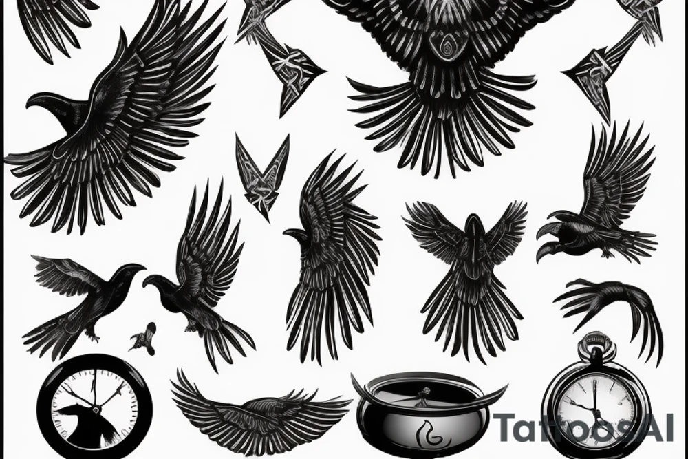 Nordic style crow flying with a pocket watch in its beak, and black smoke coming from the wings. tattoo idea