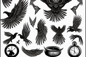 Nordic style crow flying with a pocket watch in its beak, and black smoke coming from the wings. tattoo idea