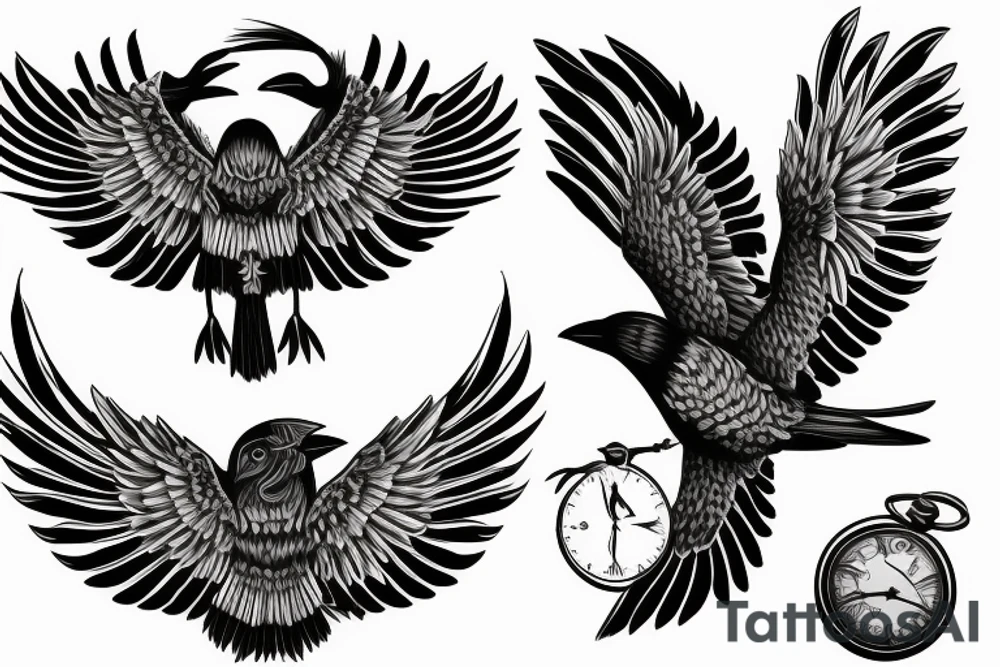 Nordic style crow flying with a pocket watch in its beak, and black smoke coming from the wings. tattoo idea