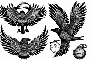 Nordic style crow flying with a pocket watch in its beak, and black smoke coming from the wings. tattoo idea