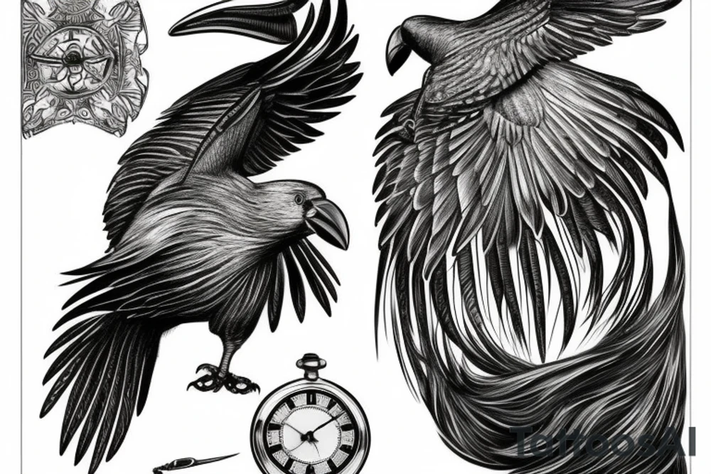 Nordic style crow flying with a pocket watch in its beak, and black smoke coming from the wings. tattoo idea