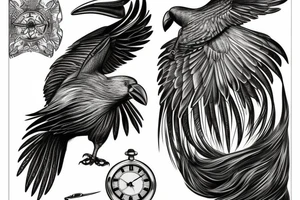 Nordic style crow flying with a pocket watch in its beak, and black smoke coming from the wings. tattoo idea