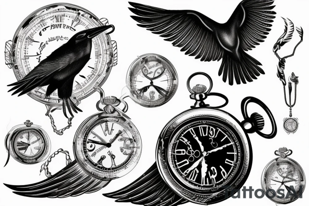 Nordic style crow flying with a pocket watch in its beak, and black smoke coming from the wings. tattoo idea
