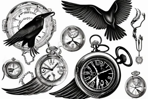 Nordic style crow flying with a pocket watch in its beak, and black smoke coming from the wings. tattoo idea