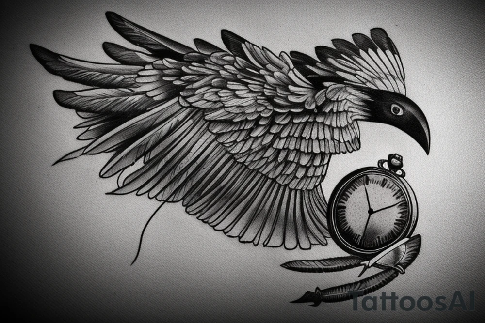 Nordic style crow flying with a pocket watch in its beak, and black smoke coming from the wings. tattoo idea