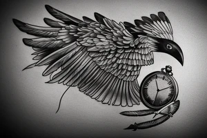 Nordic style crow flying with a pocket watch in its beak, and black smoke coming from the wings. tattoo idea