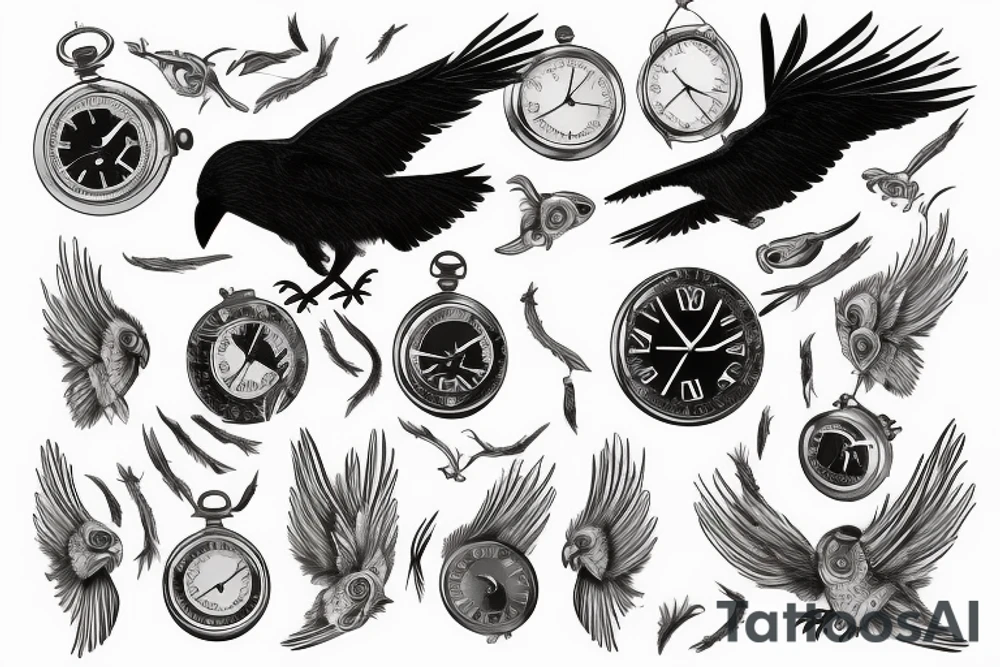 Nordic style crow flying with a pocket watch in its beak, and black smoke coming from the wings. tattoo idea