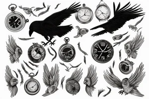 Nordic style crow flying with a pocket watch in its beak, and black smoke coming from the wings. tattoo idea