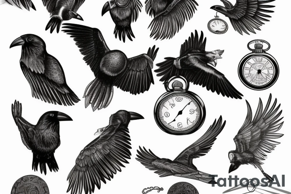 Nordic style crow flying with a pocket watch in its beak, and black smoke coming from the wings. tattoo idea