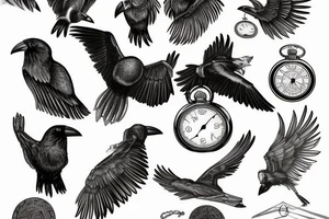 Nordic style crow flying with a pocket watch in its beak, and black smoke coming from the wings. tattoo idea