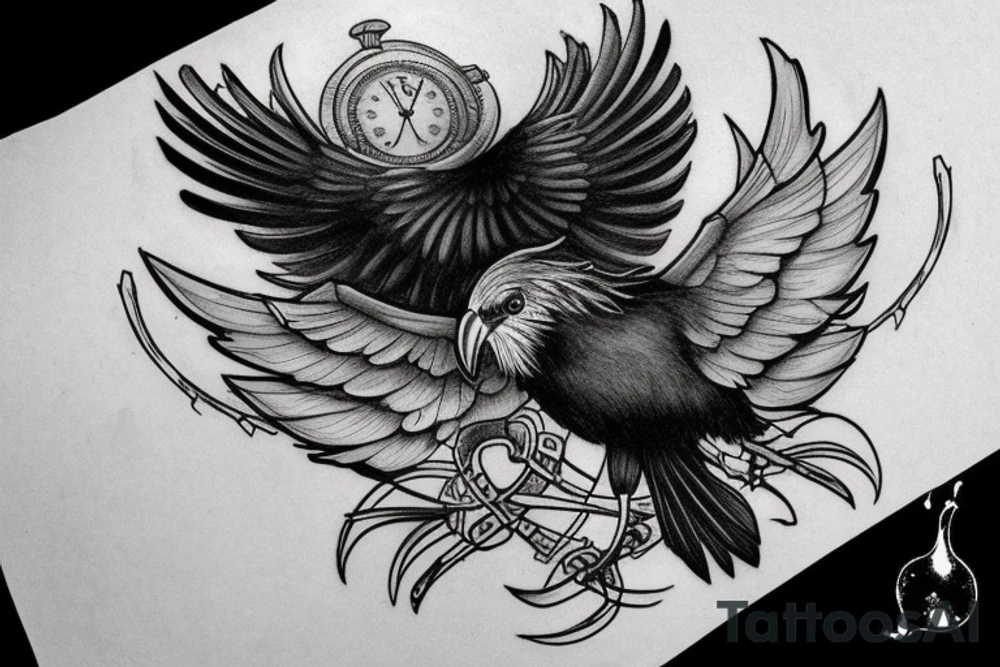 Nordic style crow flying with a pocket watch in its beak, and black smoke coming from the wings. tattoo idea