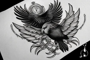 Nordic style crow flying with a pocket watch in its beak, and black smoke coming from the wings. tattoo idea