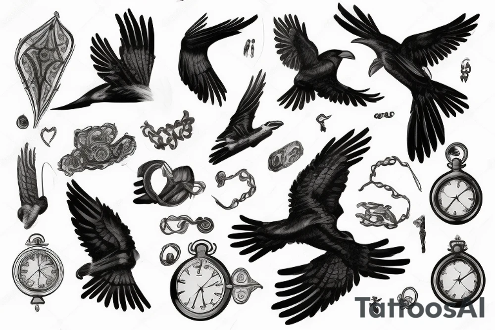 Nordic style crow flying with a pocket watch in its beak, and black smoke coming from the wings. tattoo idea