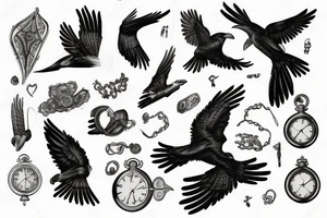 Nordic style crow flying with a pocket watch in its beak, and black smoke coming from the wings. tattoo idea