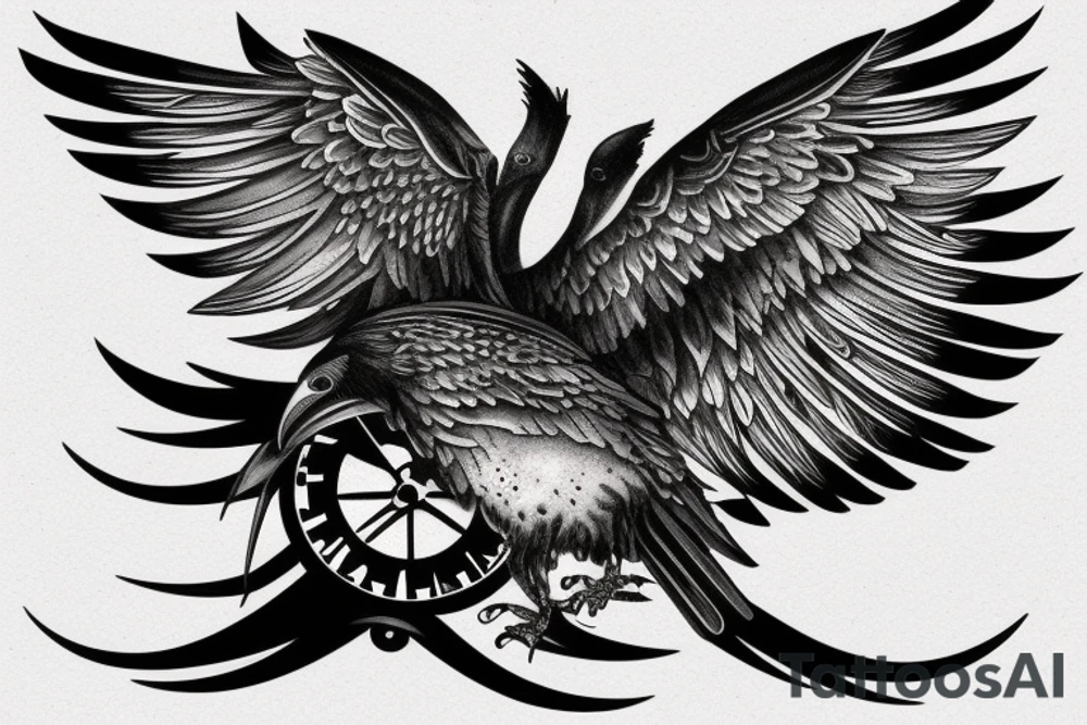 Nordic style crow flying with a pocket watch in its beak, and black smoke coming from the wings. tattoo idea