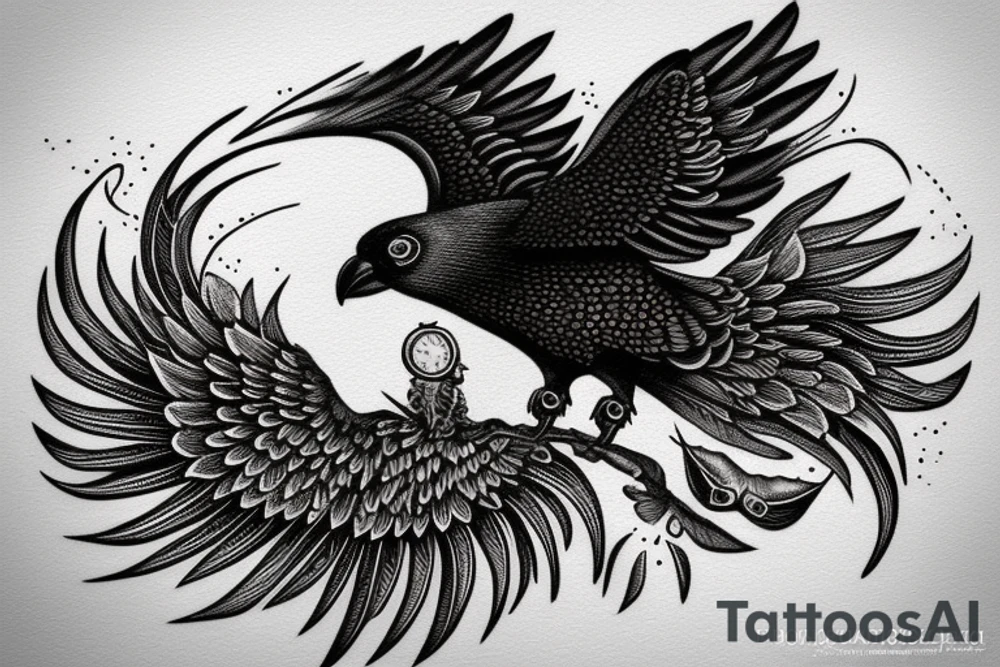 Nordic style crow flying with a pocket watch in its beak, and black smoke coming from the wings. tattoo idea