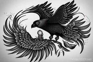 Nordic style crow flying with a pocket watch in its beak, and black smoke coming from the wings. tattoo idea