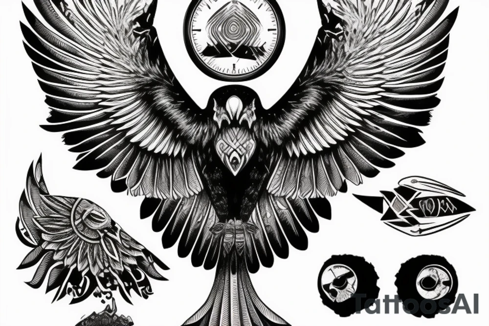 shaman crow flying with a sand watch in its beak, and black smoke coming from the wings. tattoo idea