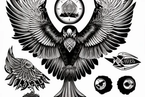 shaman crow flying with a sand watch in its beak, and black smoke coming from the wings. tattoo idea