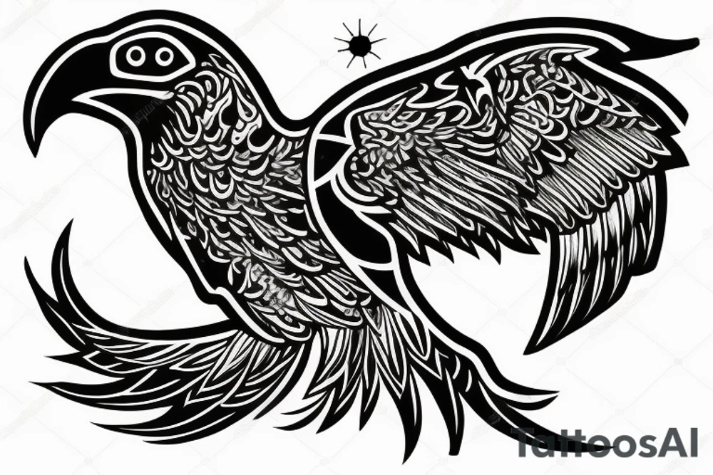 shaman crow flying with a sand watch in its beak, and black smoke coming from the wings. tattoo idea