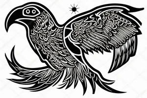shaman crow flying with a sand watch in its beak, and black smoke coming from the wings. tattoo idea