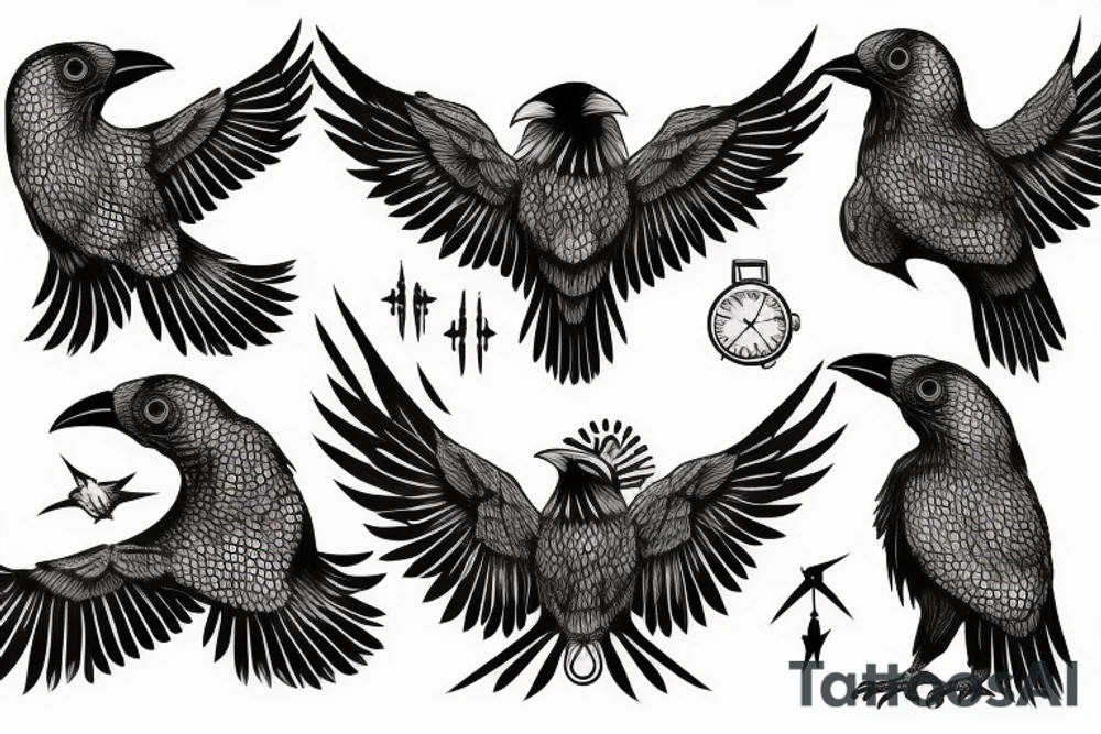 shaman crow flying with a sand watch in its beak, and black smoke coming from the wings. tattoo idea