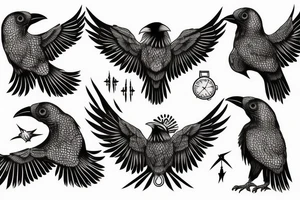shaman crow flying with a sand watch in its beak, and black smoke coming from the wings. tattoo idea