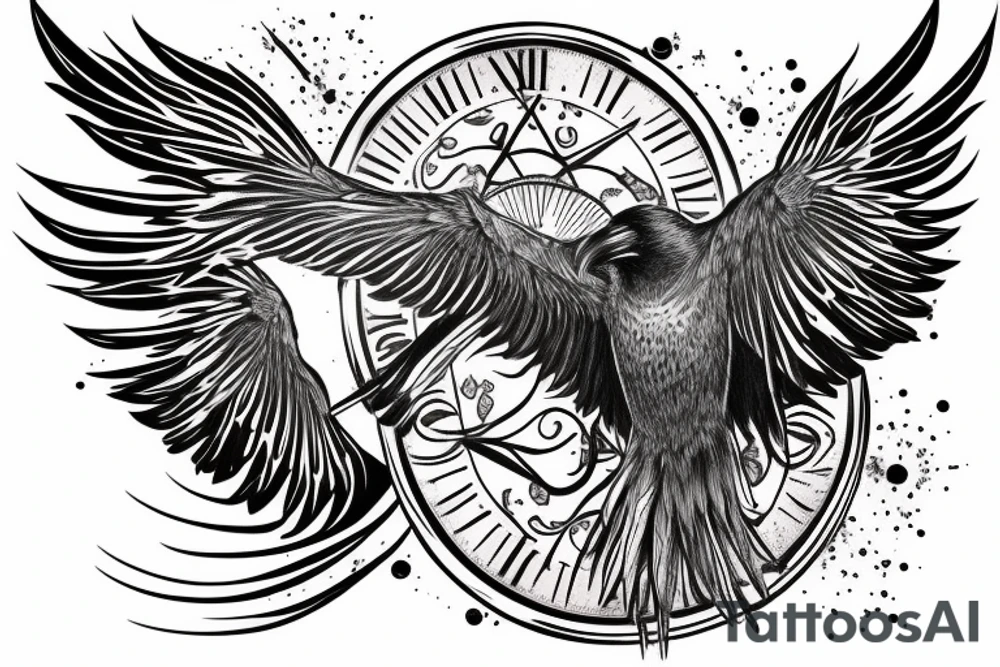 shaman crow flying with a sand watch in its beak, and black smoke coming from the wings. tattoo idea