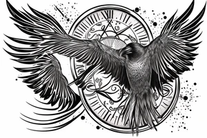 shaman crow flying with a sand watch in its beak, and black smoke coming from the wings. tattoo idea