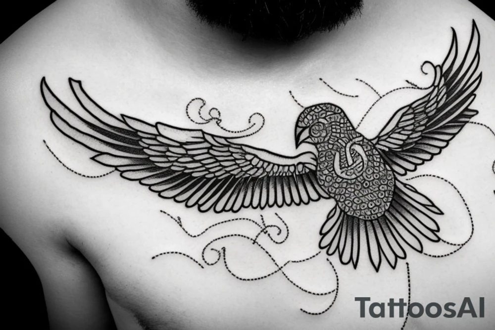 black and white traditional bird over ocean with message in a bottle tattoo idea