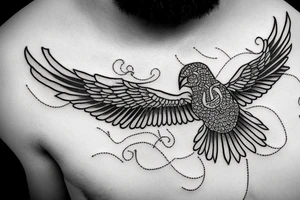 black and white traditional bird over ocean with message in a bottle tattoo idea