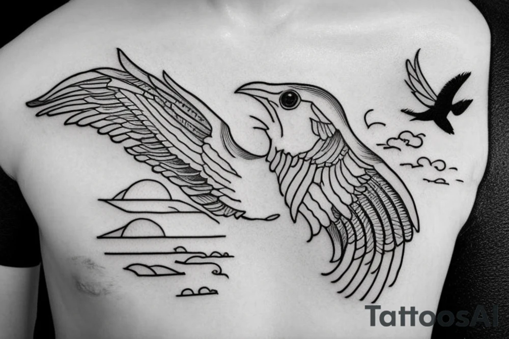 black and white traditional bird over ocean with message in a bottle tattoo idea