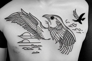 black and white traditional bird over ocean with message in a bottle tattoo idea