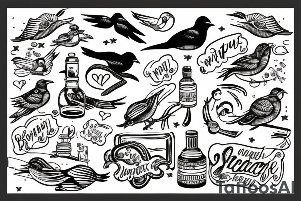 bird over the ocean with message in a bottle scene tattoo idea