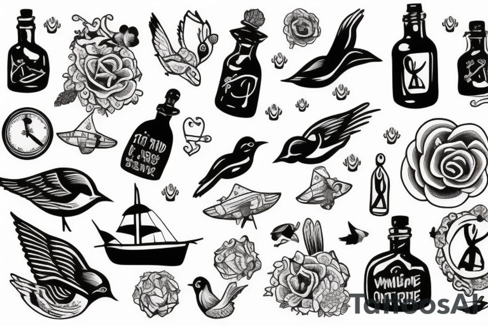 bird over the ocean with message in a bottle scene tattoo idea
