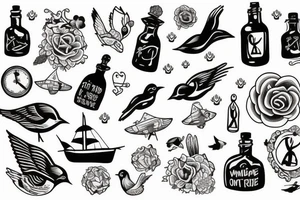 bird over the ocean with message in a bottle scene tattoo idea