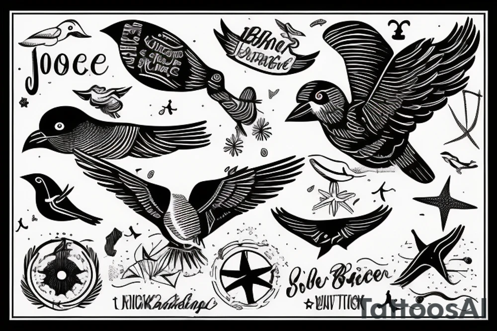 bird over the ocean with message in a bottle scene tattoo idea