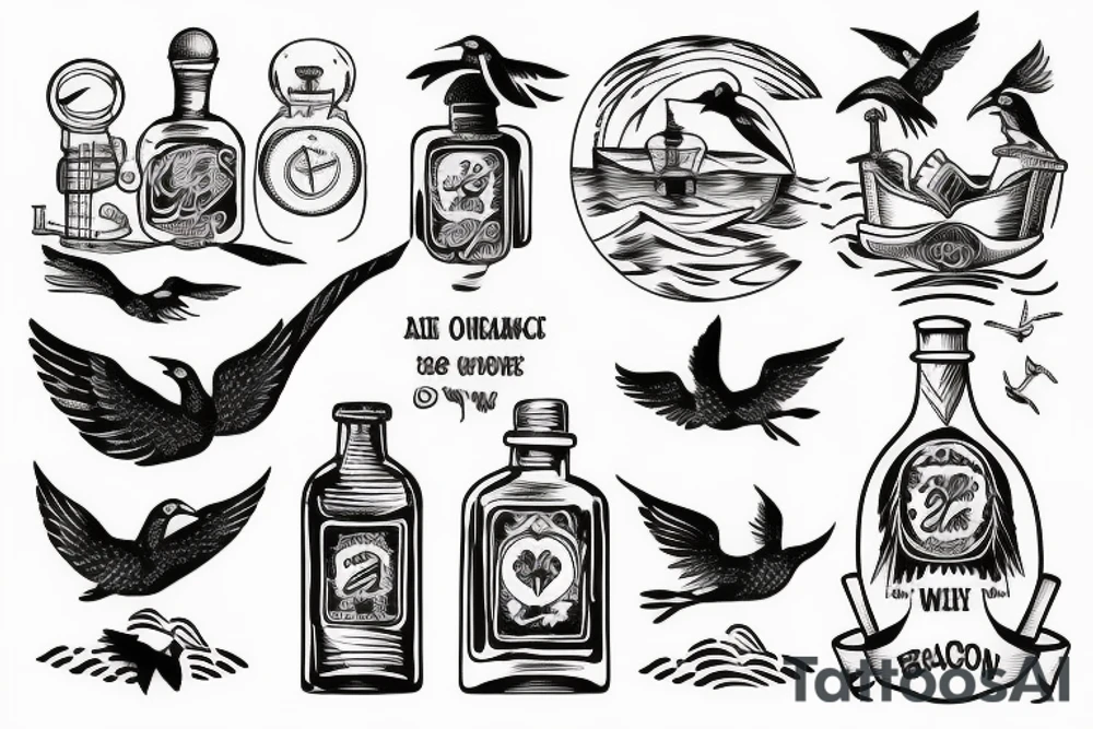 bird over the ocean with message in a bottle scene tattoo idea bird over the ocean with message in a bottle scene tattoo idea